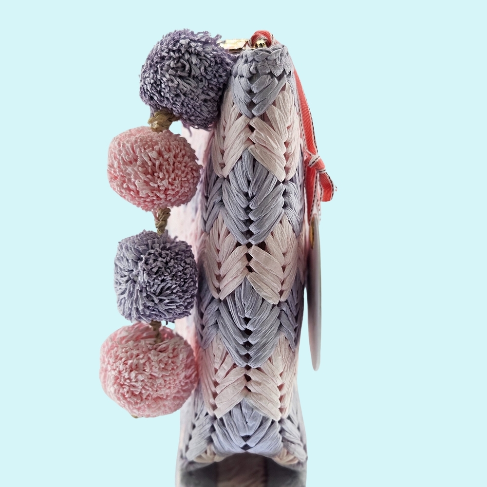 BTB Los Angeles Bria Clutch Purse Woven Lavender Pom Vacation Boho Summer Preppy - Picture 3 of 4